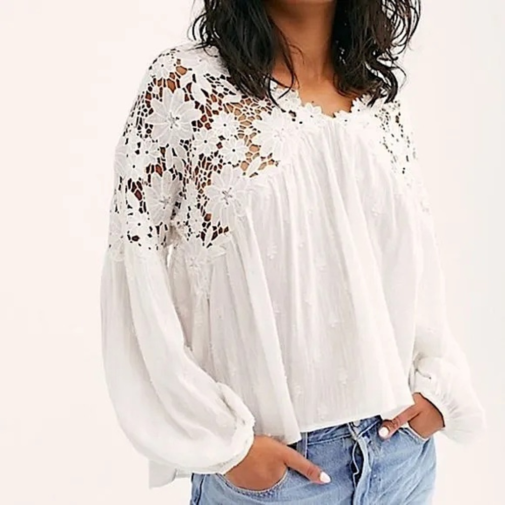 Free People Lina Lace Balloon Sleeve White embroidered lace Peasant Blouse Small - Picture 2 of 12